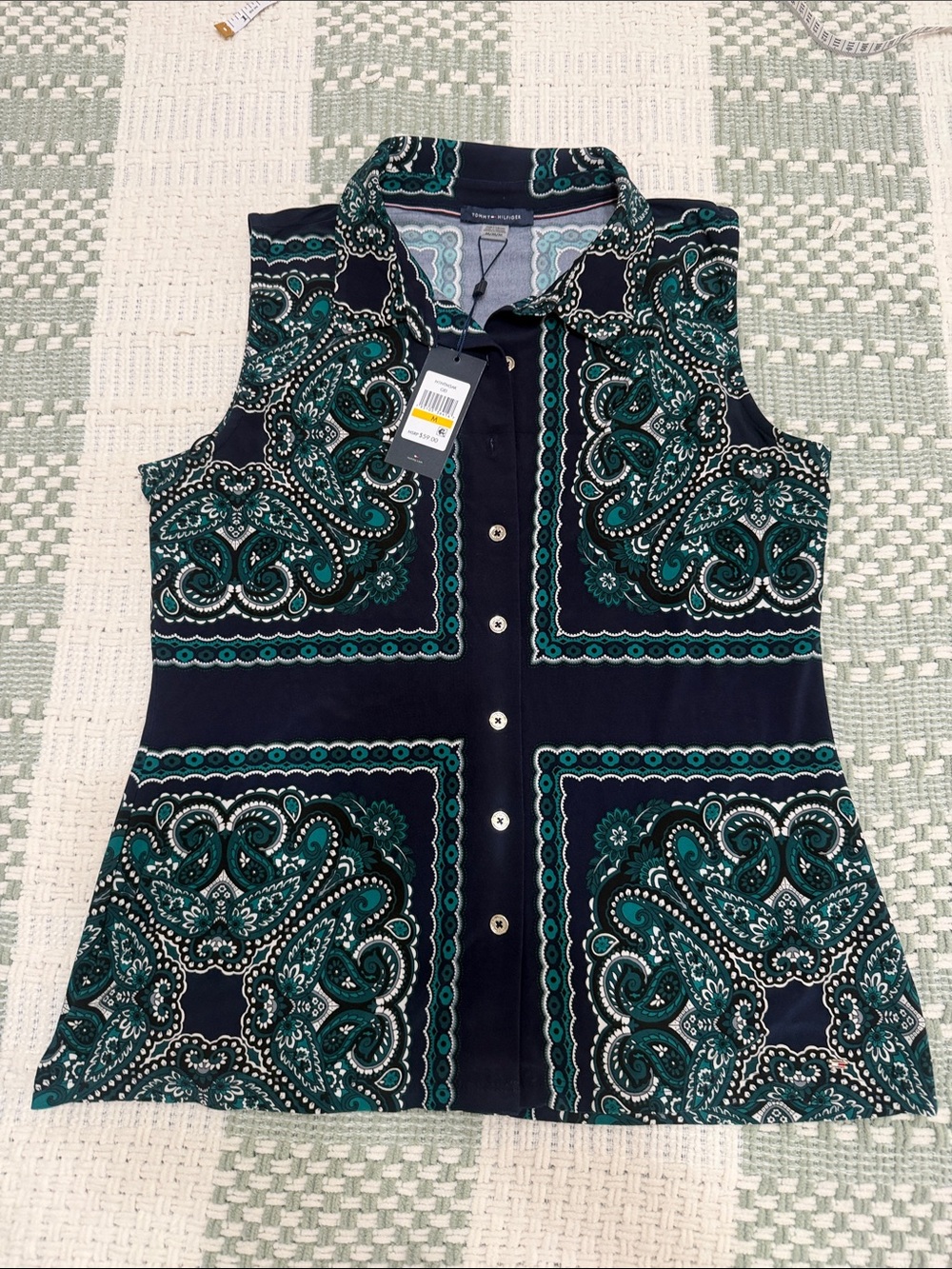 Tommy Hilfiger Navy & Teal Paisley Button-Down Sleeveless Top